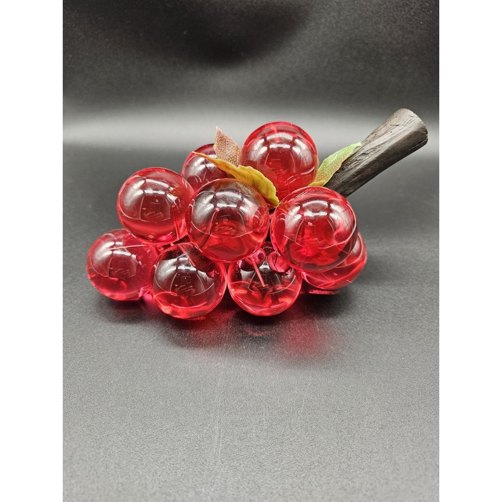 Vintage MCM Lucite Acrylic Green Ruby Red on Driftwood Large Cluster with Leaves